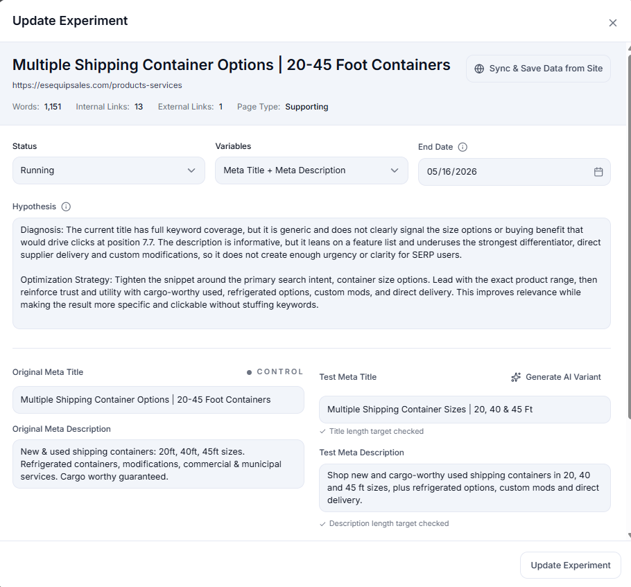 Agency-wide SEO experiment tracker listing active tests, win rates, and average CTR gain per client, refreshed automatically by scheduled Google Search Console syncs for monthly reporting